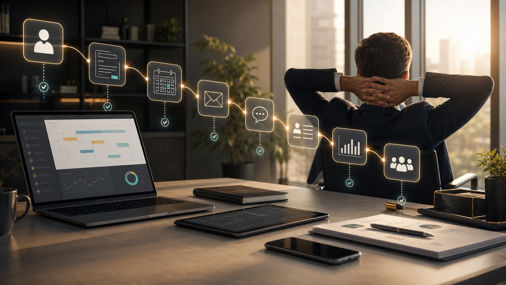 Automation pipeline connecting forms, email, calendar, CRM, and business dashboards