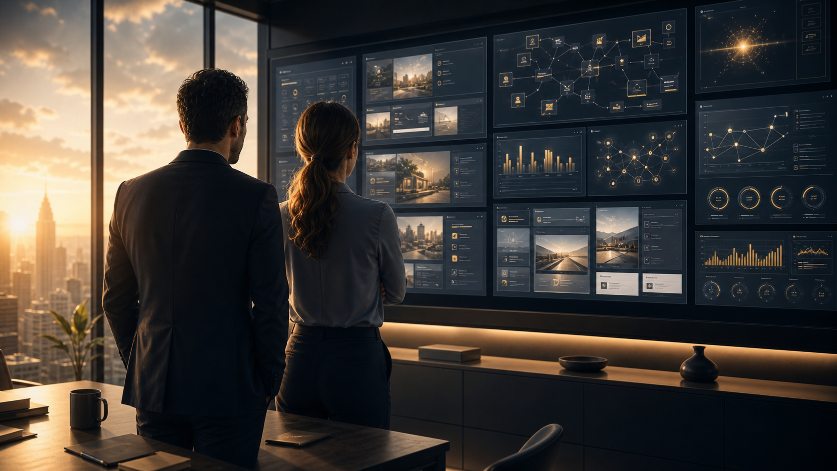 Business operators reviewing custom websites, AI workflows, automation pipelines, and analysis dashboards